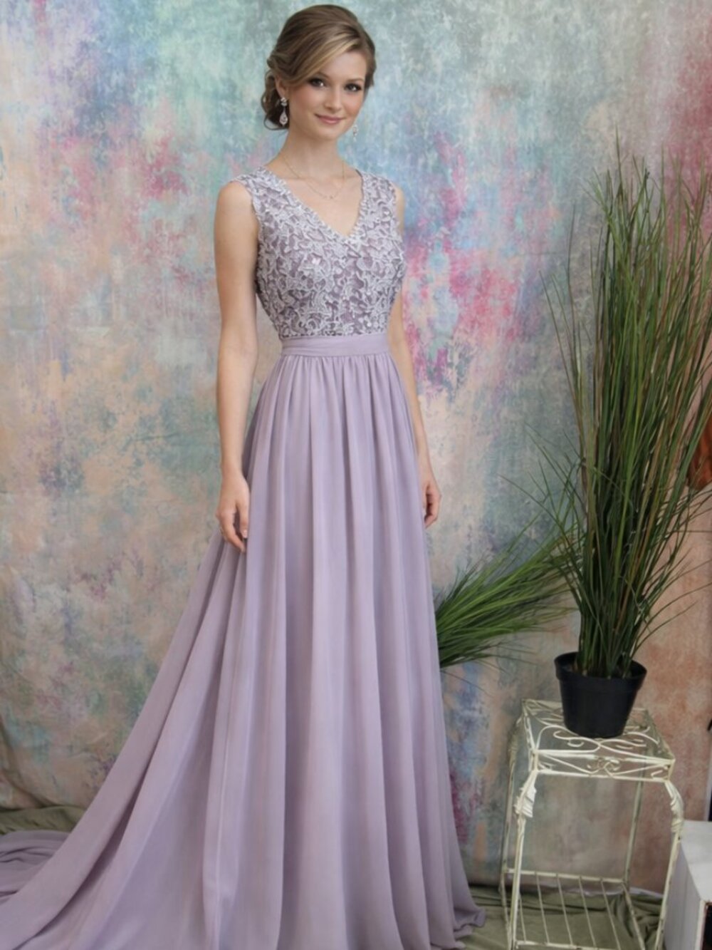 📌JJs House Floral Lace Bodice Chiffon Skirt w/ Train Prom - Bridesmaid Dress